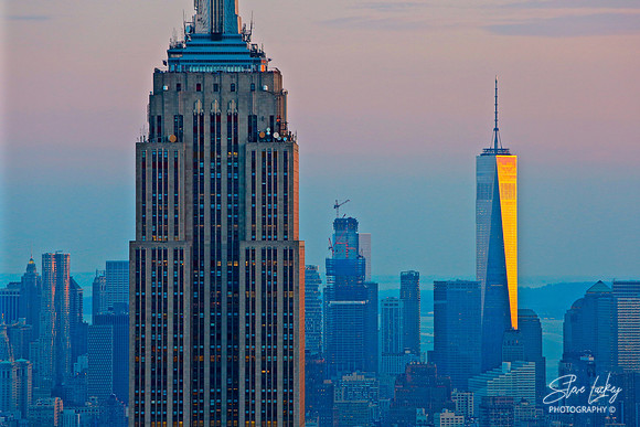 Sunset on Empire State Building and One World Trade Center, Manhattan, NY